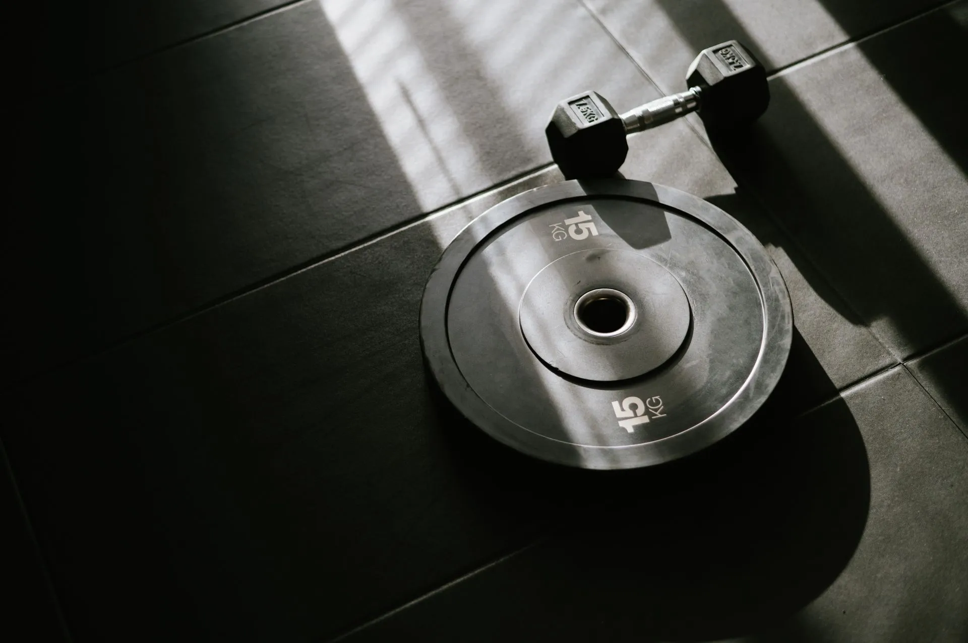 Kurzhantel und Hantelscheibe auf dunklem Gym-Boden